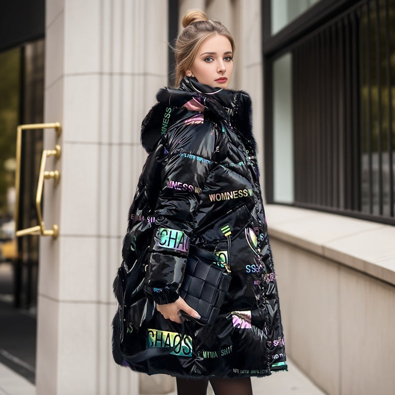 Damen-Winterjacke aus Polyester mit glänzender Oberfläche und lockerem Schnitt