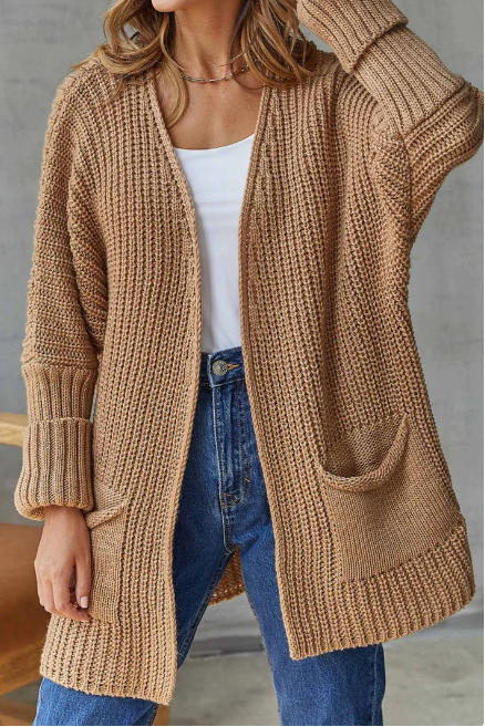 WW | Damen Grob Strickjacke Offene Vorderseite, Rippdesign mit Taschen