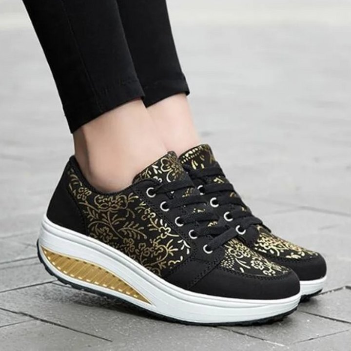 W&W Mode | Schwarze Leder Orthopädische Damen Sneakers Mit Blumenmuster