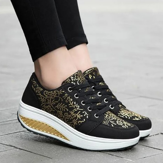 WW | Schwarze Leder Orthopädische Damen Sneakers Mit Blumenmuster