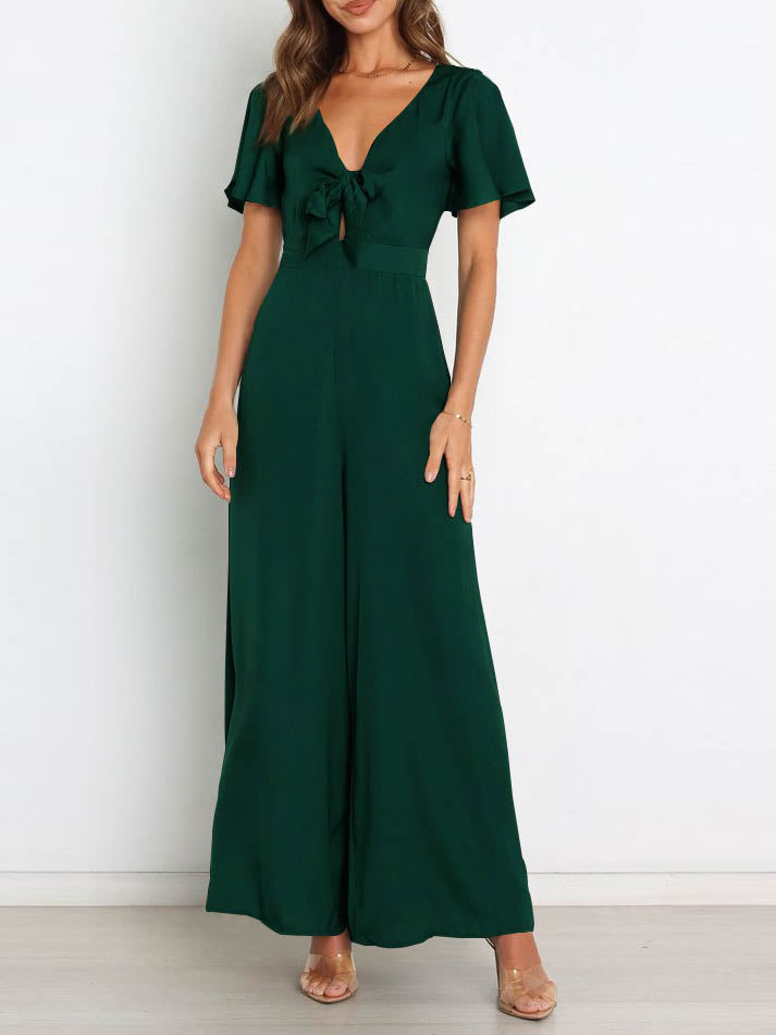 WW | Kurzarm Breite Beinform Lässig V-Ausschnitt Jumpsuit