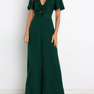 WW | Kurzarm Breite Beinform Lässig V-Ausschnitt Jumpsuit