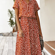 WW | Lässiger Polka Dot V-Ausschnitt Kurzarm Midi Kleid