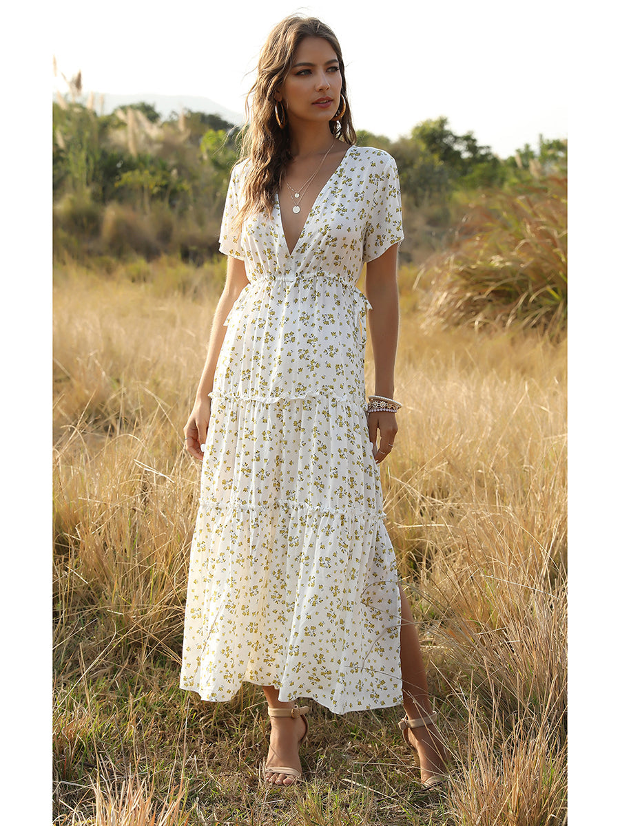 WW | Sommer Blumenmuster Rüschen Boho Maxi Kleid