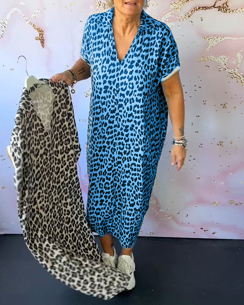 WW | Kurzärmliges Kleid mit Leopardenmuster und V-Ausschnitt