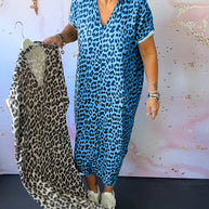 WW | Kurzärmliges Kleid mit Leopardenmuster und V-Ausschnitt