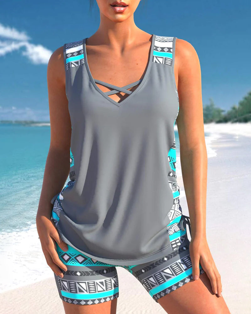 WW Tankini-Set | Sommerliches Tankini-Set mit geometrischem V-Ausschnitt