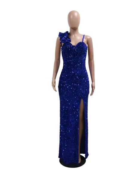 WW | Frauen Tragen Einfarbig Sexy Träger Paillett Maxi Kleid Schlitz Abendkleid