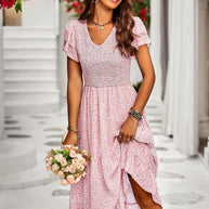 WW | V-Ausschnitt Kurzarm Flared Midi Kleid