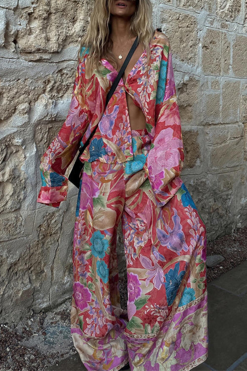 W&W Mode | Rosiedress Langarm Bluse mit Knopfleiste und Weite Hosen Blumenmuster Set