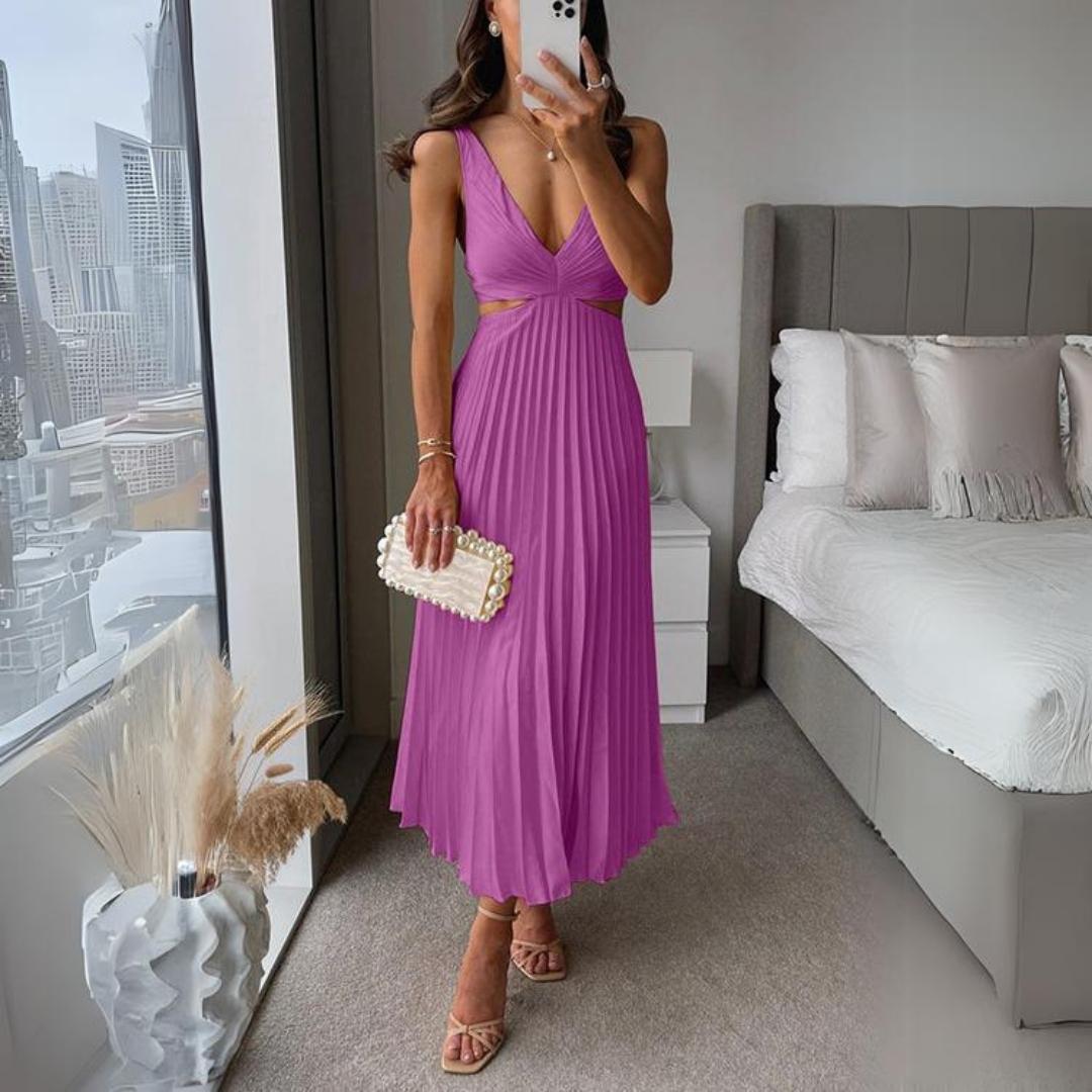 WW | Midi Kleid Ärmellos V-ausschnitt Twist Front & Cut Out Detail Plissierter Rock