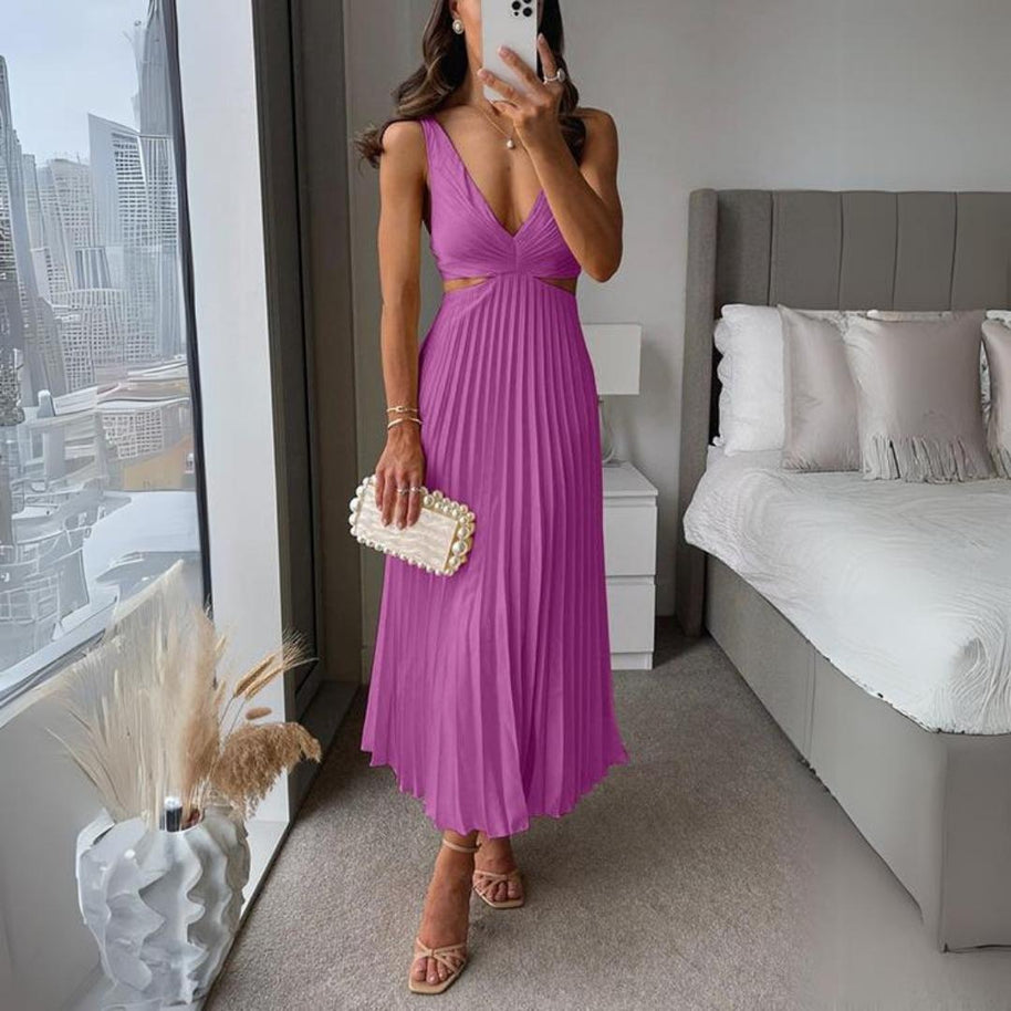 WW | Midi Kleid Ärmellos V-ausschnitt Twist Front & Cut Out Detail Plissierter Rock
