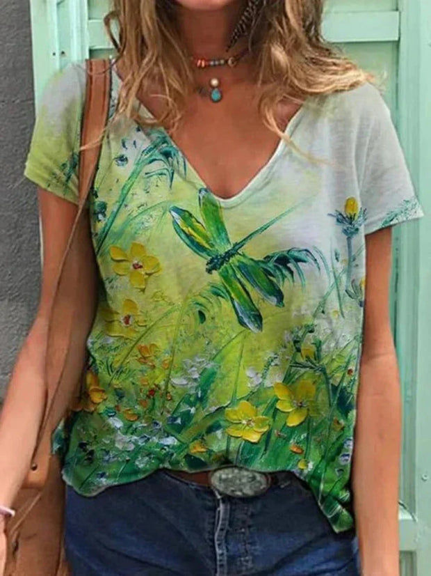 WW | Shirt Mit V-ausschnitt Malerei Blumenkunst