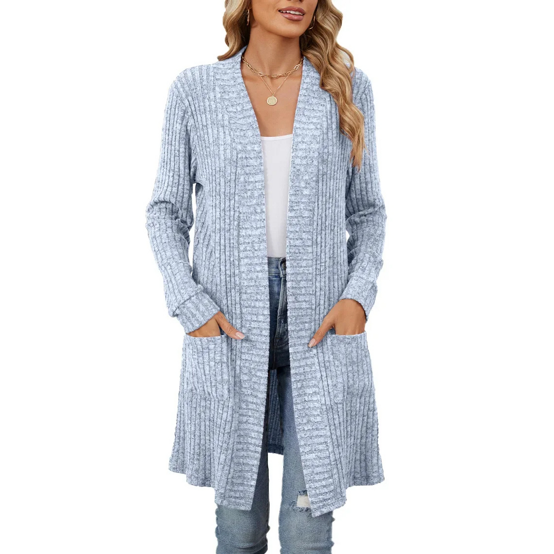 W&W Mode | Lange Strickjacken Damen Gerippte Offene Vorderseite Jacke mit Taschen