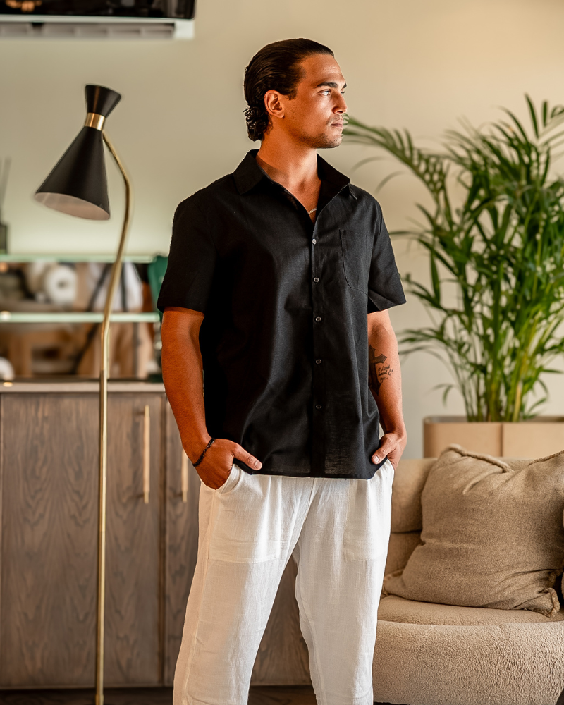 WW | Sommer Kurzarm Herren Leinenhemd Mit Brusttasche