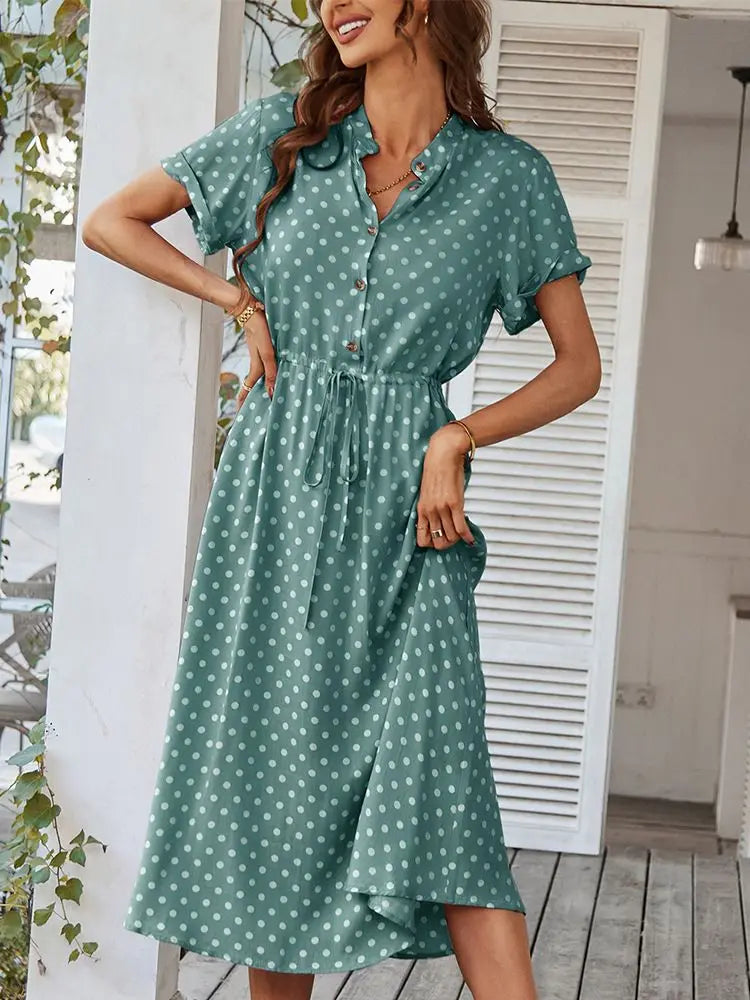 WW | Punkte-Muster Kleid mit Bindeband und Knöpfen