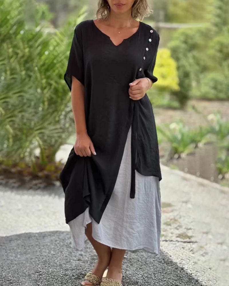 WW | Asymmetrisches Kleid mit kurzen Ärmeln und V-Ausschnitt