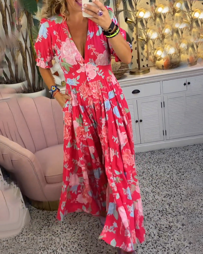 WW Kleid | Trendiges langes Blumenkleid mit V-Ausschnitt und kurzen Ärmeln für Damen