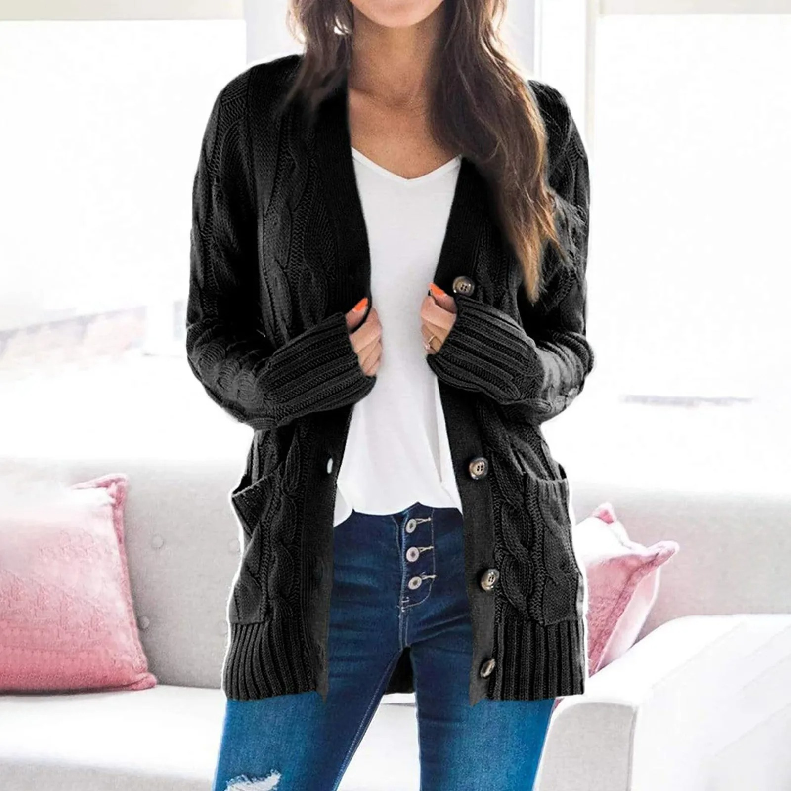 WW | Stylische Lange Strickjacke Für Damen Mit Knopfleiste