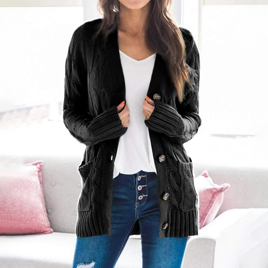 WW | Stylische Lange Strickjacke Für Damen Mit Knopfleiste