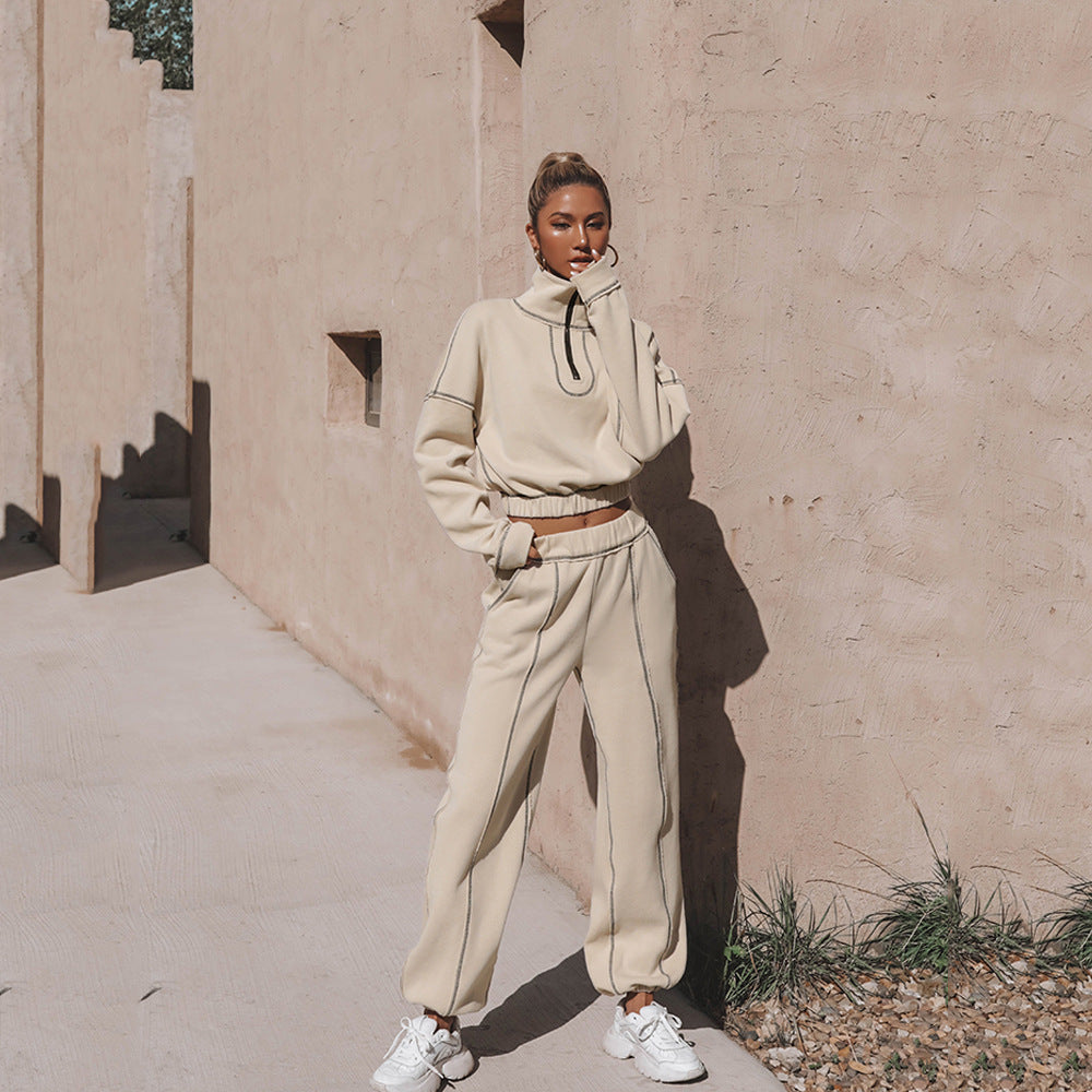 W&W Mode | teil sportlicher cropped Sweatshirt mit Jogginghose - Damen Pullover Tracksuit mit Reißverschluss und elastischem Bund