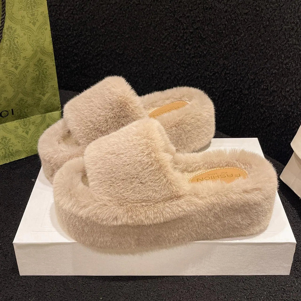 WW | Fluffy slippers with thick sole for women
