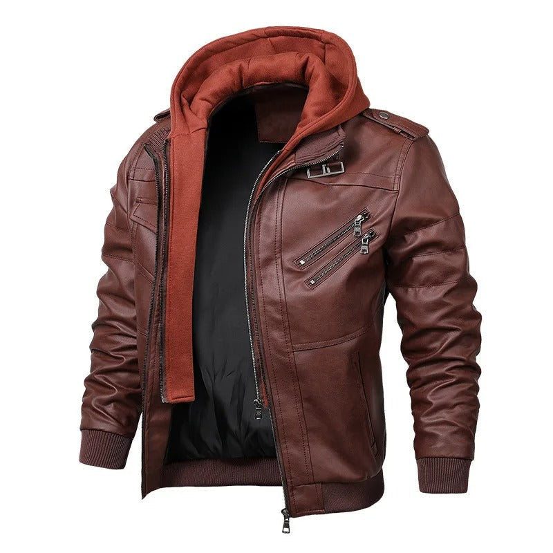 Vintage PU Leder Jacke mit Kapuze