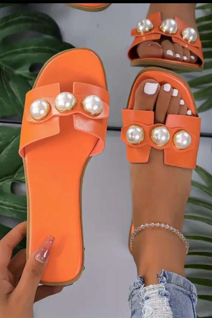 WW | Leichtgewicht Leder Designer Slides Mit Riesig Perlenverzierung