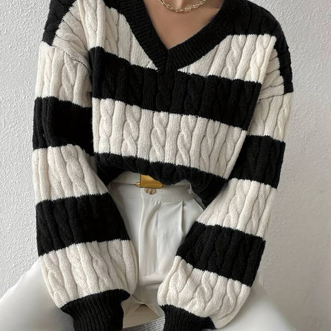 Damen-Pullover mit Streifenmuster und V-Ausschnitt