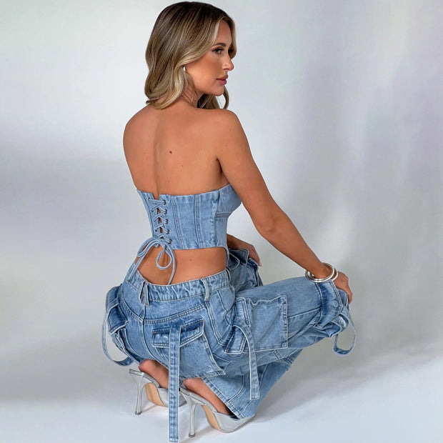 WW | Denim-Anzüge Sommer Sexy Rückenausschnitt Tube Top und Mehrfach-Taschen Gerade Hosen Mode Lange Hosen Anzug Damenbekleidung