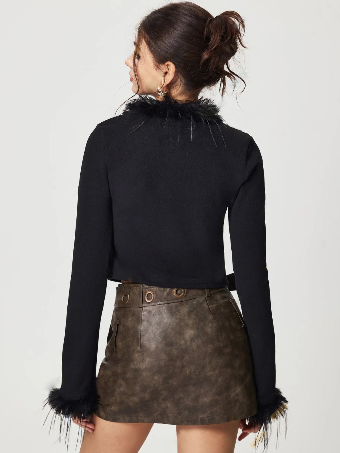 WW | Gebunden Fuzzy Trim Langarm Strickjacke