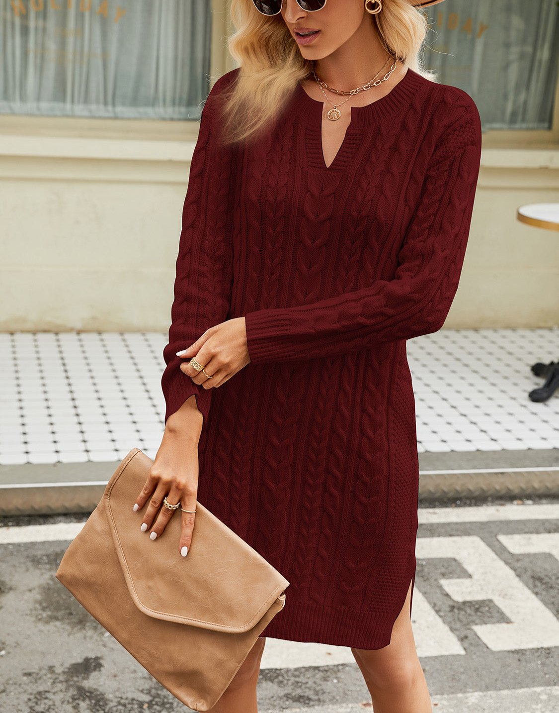 WW | Schicke Herbst-Kabel-Strickkleid mit Ausschnitt für Frauen