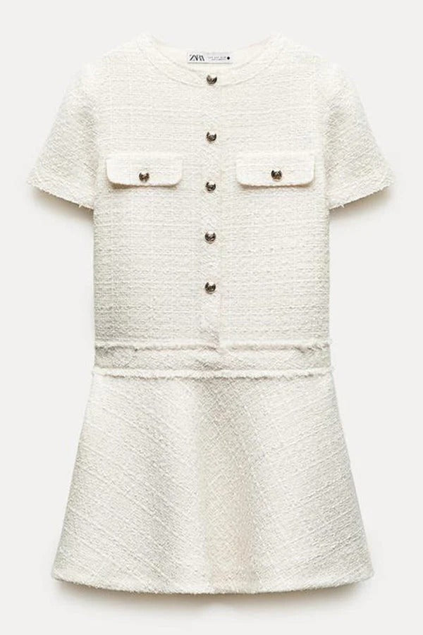 WW | 1960Er London Girl Tweed-Texturiertes Kurzärmliges Kleid mit Goldknöpfen und Taschen