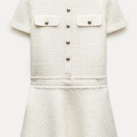 WW | 1960Er London Girl Tweed-Texturiertes Kurzärmliges Kleid mit Goldknöpfen und Taschen