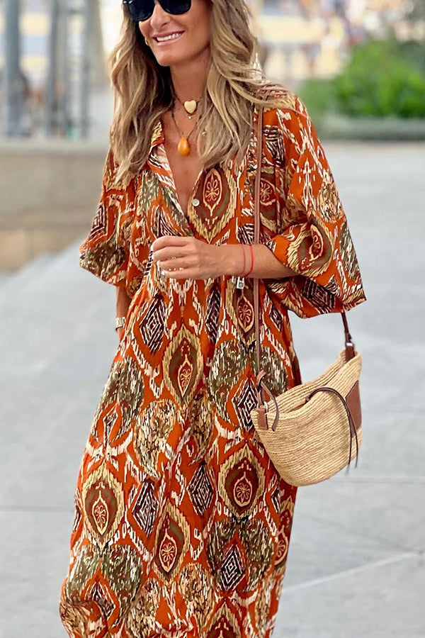 WW | So 70'S Multi Print Drapierte Maxi Kleid