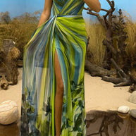WW | In A Dreamland Chiffon Floral Print Off Shoulder Pleated Scarf Slit Maxi Kleid