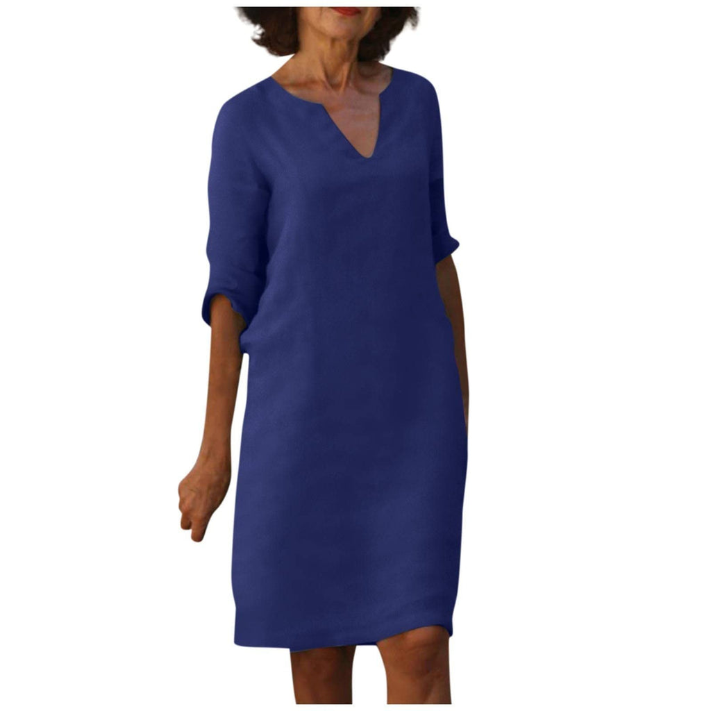 WW | Baumwolle und Leinen V-Ausschnitt Kleid Sommer Nähen Retro Hohe Taille Einfarbige Kleider