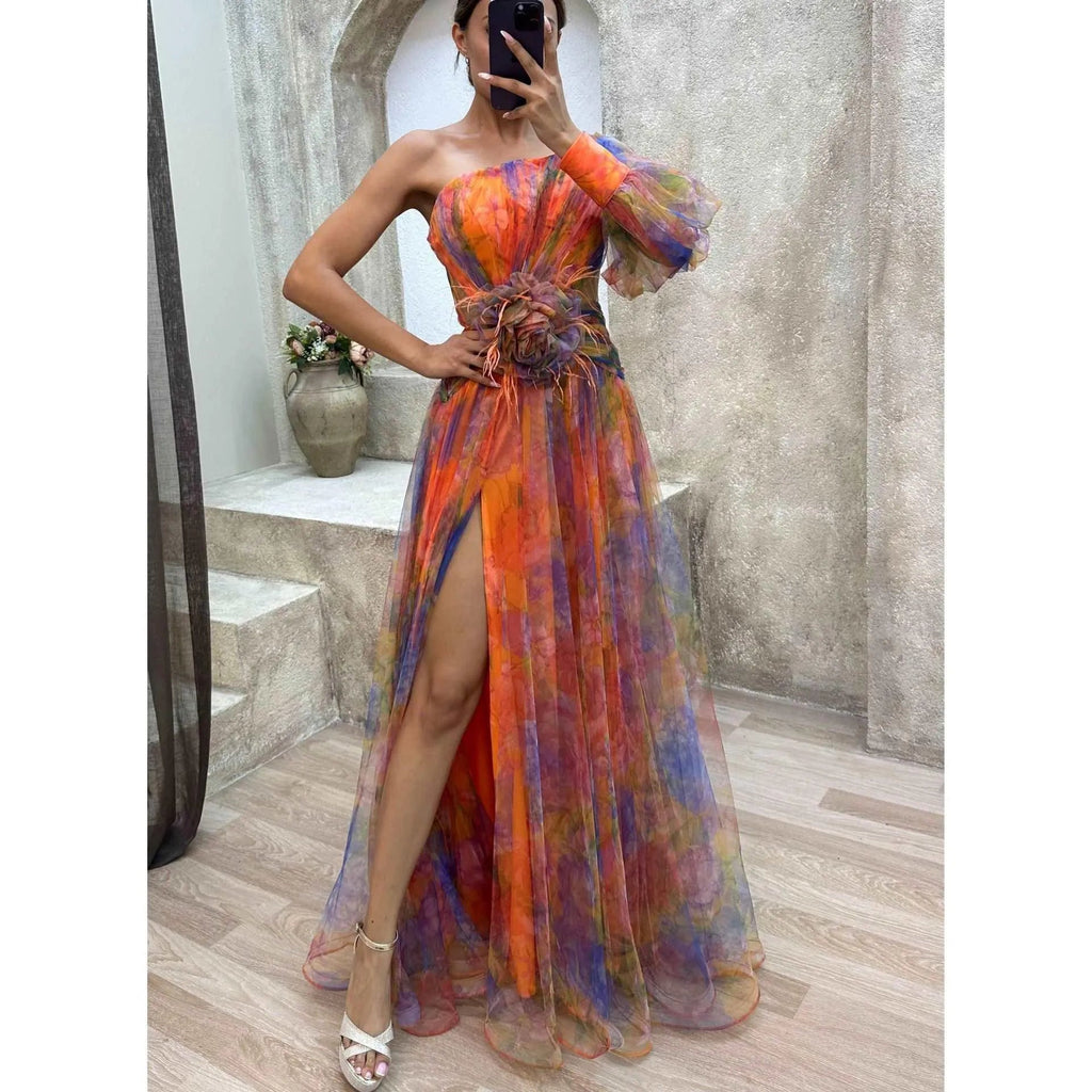 WW | Long party dress with off-the-shoulder, split print.