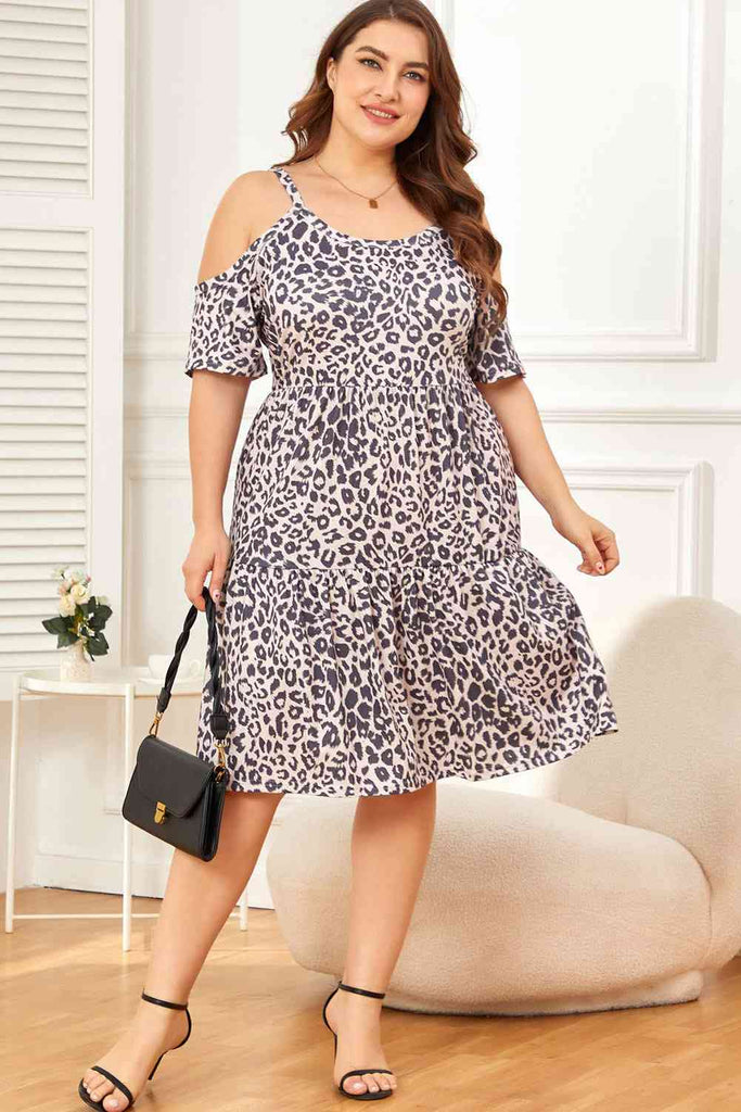 WW | Plus Size Kalt Schulter Rüschensaum Rundhalsausschnitt Kleid