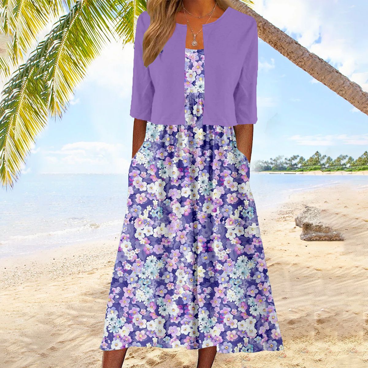 WW | Glamouröses Lilafarbenes Midikleid Mit Blumendruck Und Jacke
