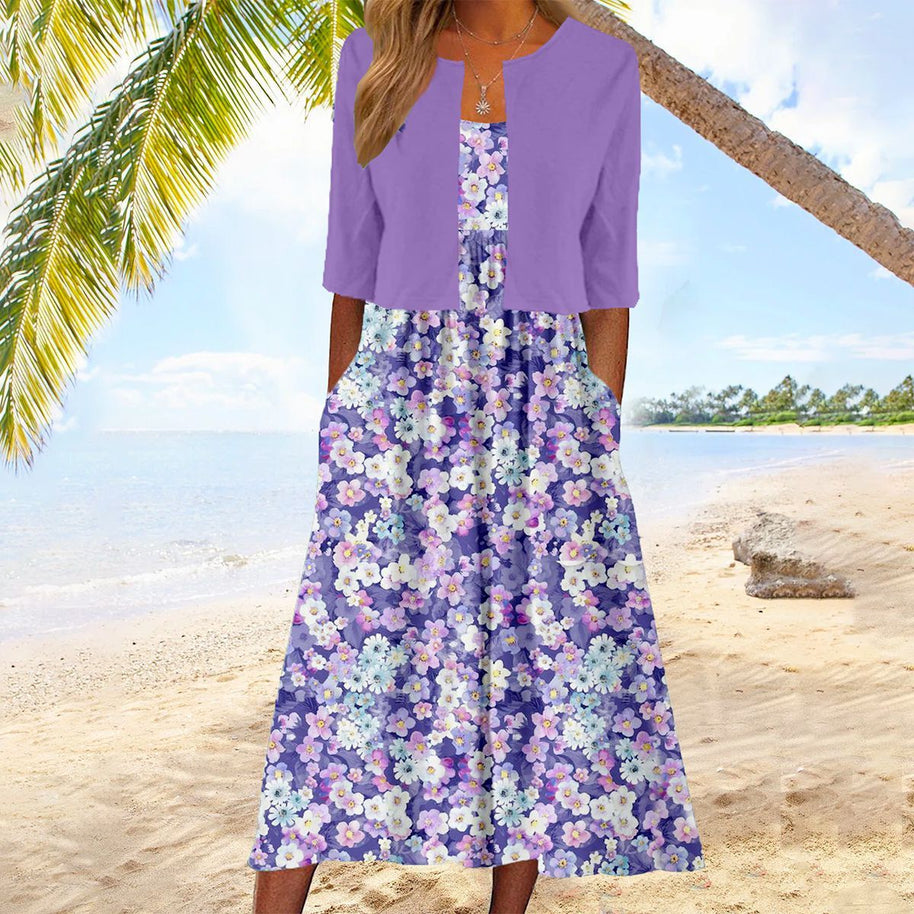WW | Glamouröses Lilafarbenes Midikleid Mit Blumendruck Und Jacke