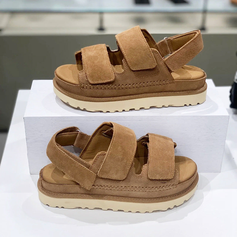 WW | Frühling und Sommer Neue Echtes Leder Dicke Sohle Riemen Klettsandalen Frauen Offene Zehe Höhensteigerung
