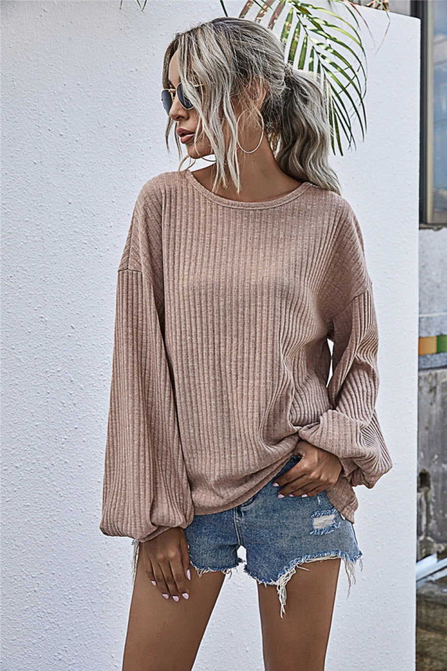 WW Rundhals Lanternärmel Lässiges Gestricktes Oberteil