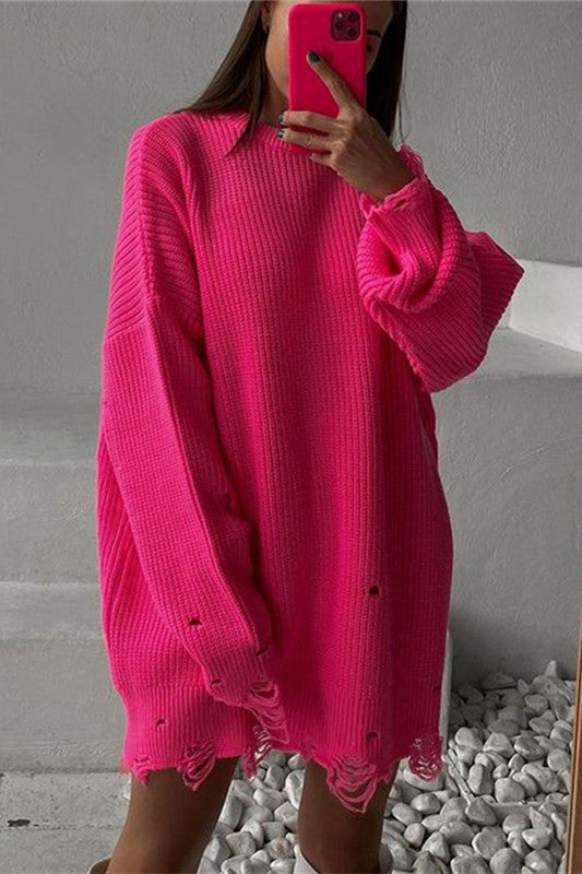 W&W Mode Ripped O Neck Oversized Sweater Kleid