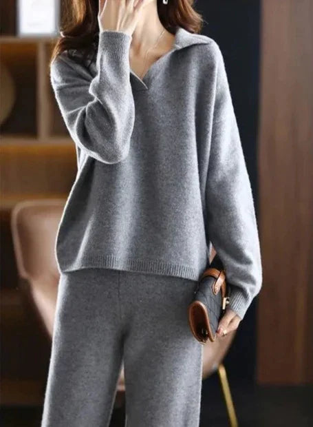 W&W - 2 Stück Set Ladies Oversized Trainingsanzug Polo Kragen Pullover und Hose