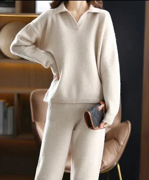 W&W Mode - 2 Stück Set Ladies Oversized Trainingsanzug Polo Kragen Pullover und Hose