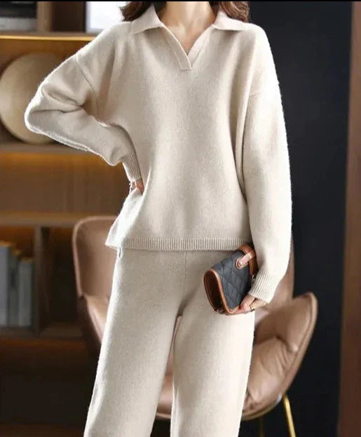 W&W - 2 Stück Set Ladies Oversized Trainingsanzug Polo Kragen Pullover und Hose