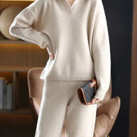 W&W - 2 Stück Set Ladies Oversized Trainingsanzug Polo Kragen Pullover und Hose