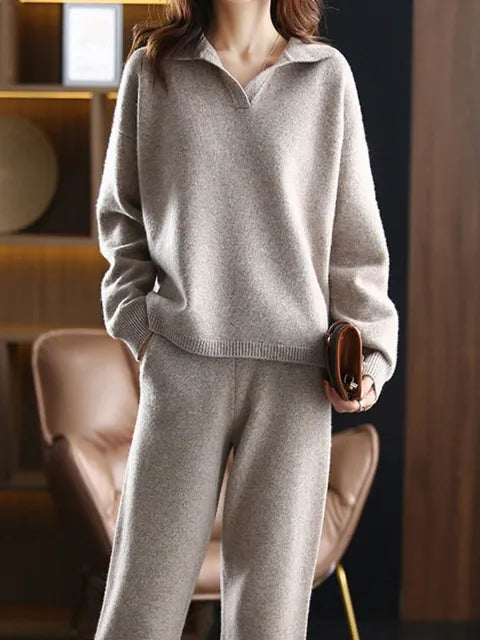 W&W Mode - 2 Stück Set Ladies Oversized Trainingsanzug Polo Kragen Pullover und Hose