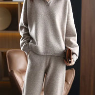 W&W - 2 Stück Set Ladies Oversized Trainingsanzug Polo Kragen Pullover und Hose